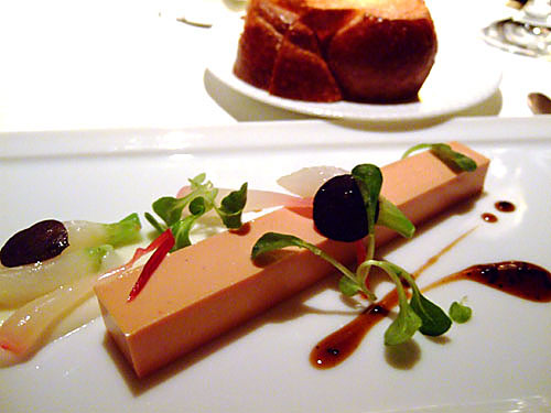 Moulard duck 'foie gras terrine', Tokyo turnips, pickled ramps, black truffles, garden mâche and toasted brioche