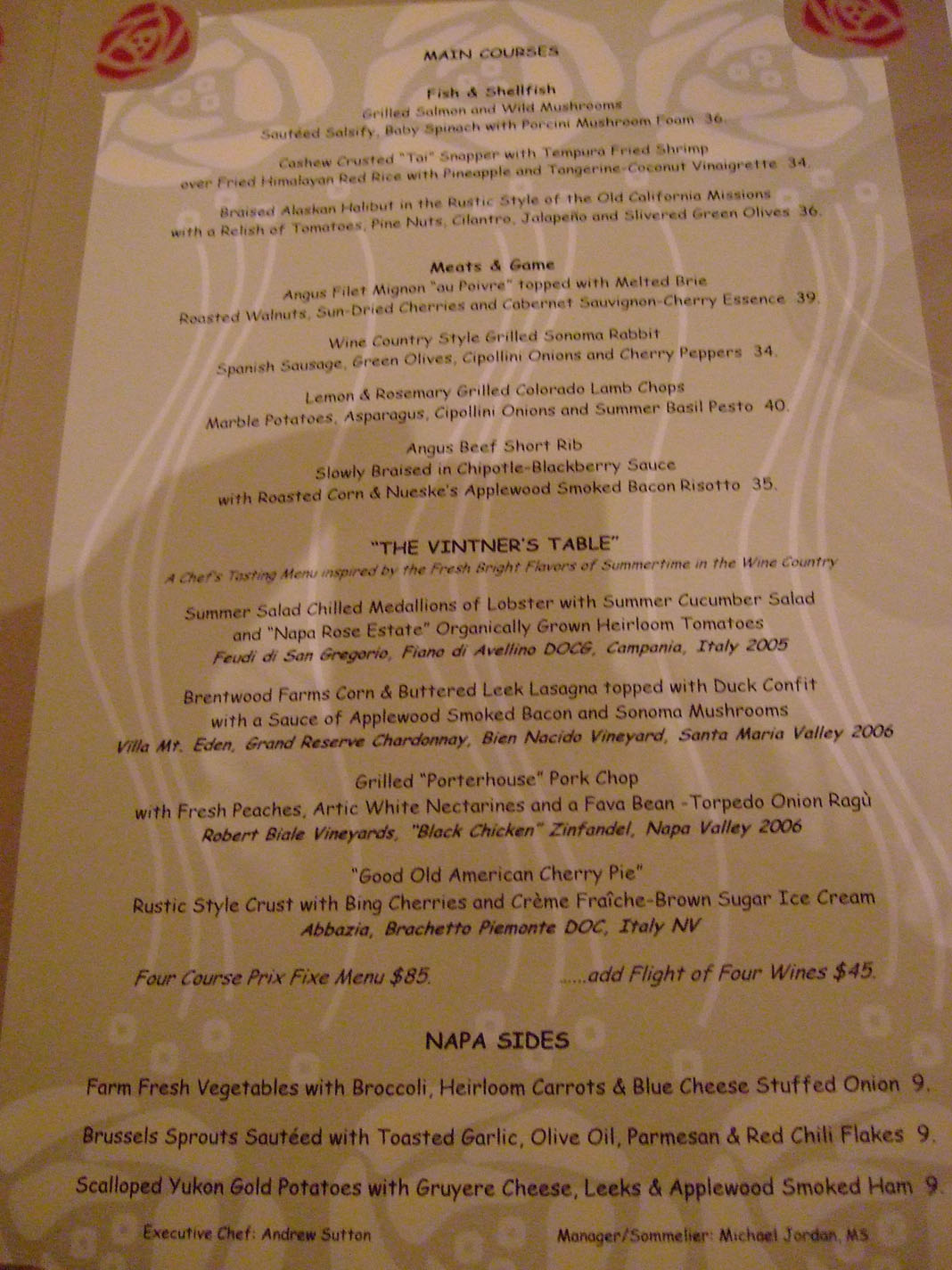 napa rose menu