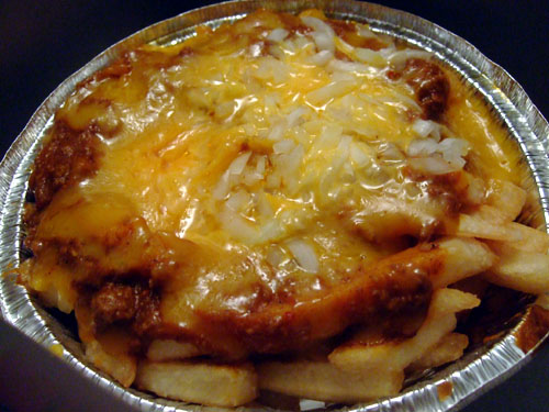 Chili-cheese fries with onions