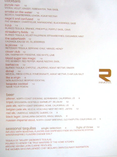 Rivera Cocktail Menu