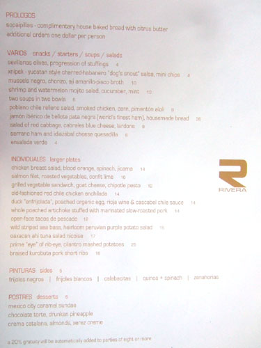 Rivera Lunch Menu