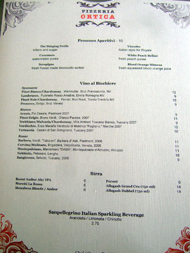 Pizzeria Ortica Menu