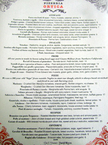 Pizzeria Ortica Menu