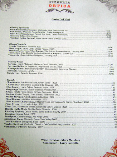 Pizzeria Ortica Wine List