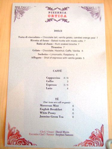 Pizzeria Ortica Dessert Menu