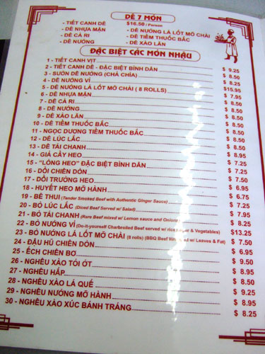 Binh Dan Menu