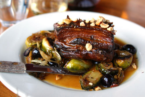Braised Pork Short Ribs with Brussel Sprouts, Grapes, and Toasted Hazelnuts