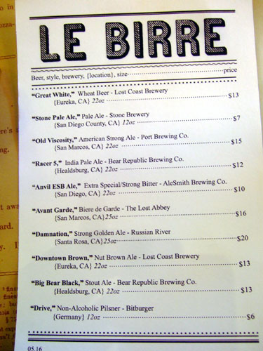 Pizzeria Mozza Beer List