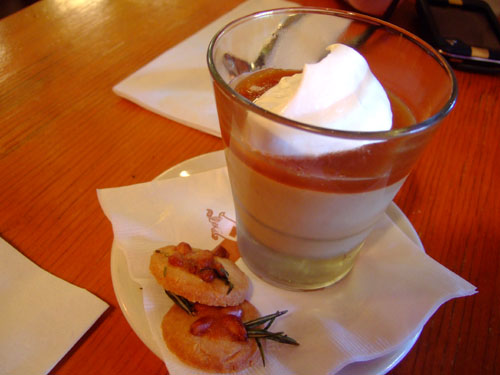 Butterscotch budino, Maldon sea salt & rosemary pine nut cookies